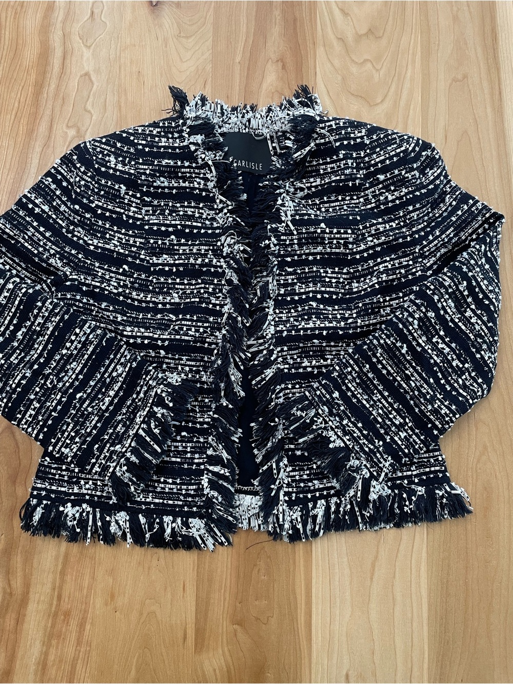 Carlisle Women’s 8 Navy And White Wool Blend Jacket With Fringe Silk Lining